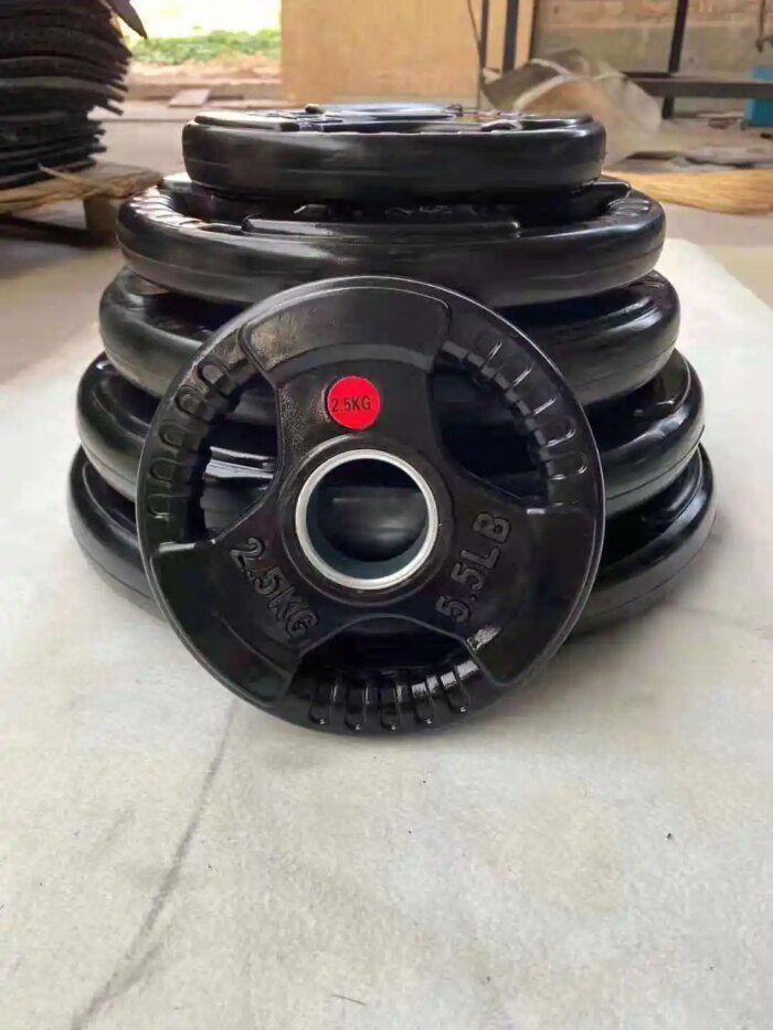 3-hole Black Rubber Coated Gym Bumper Plate - Image 2