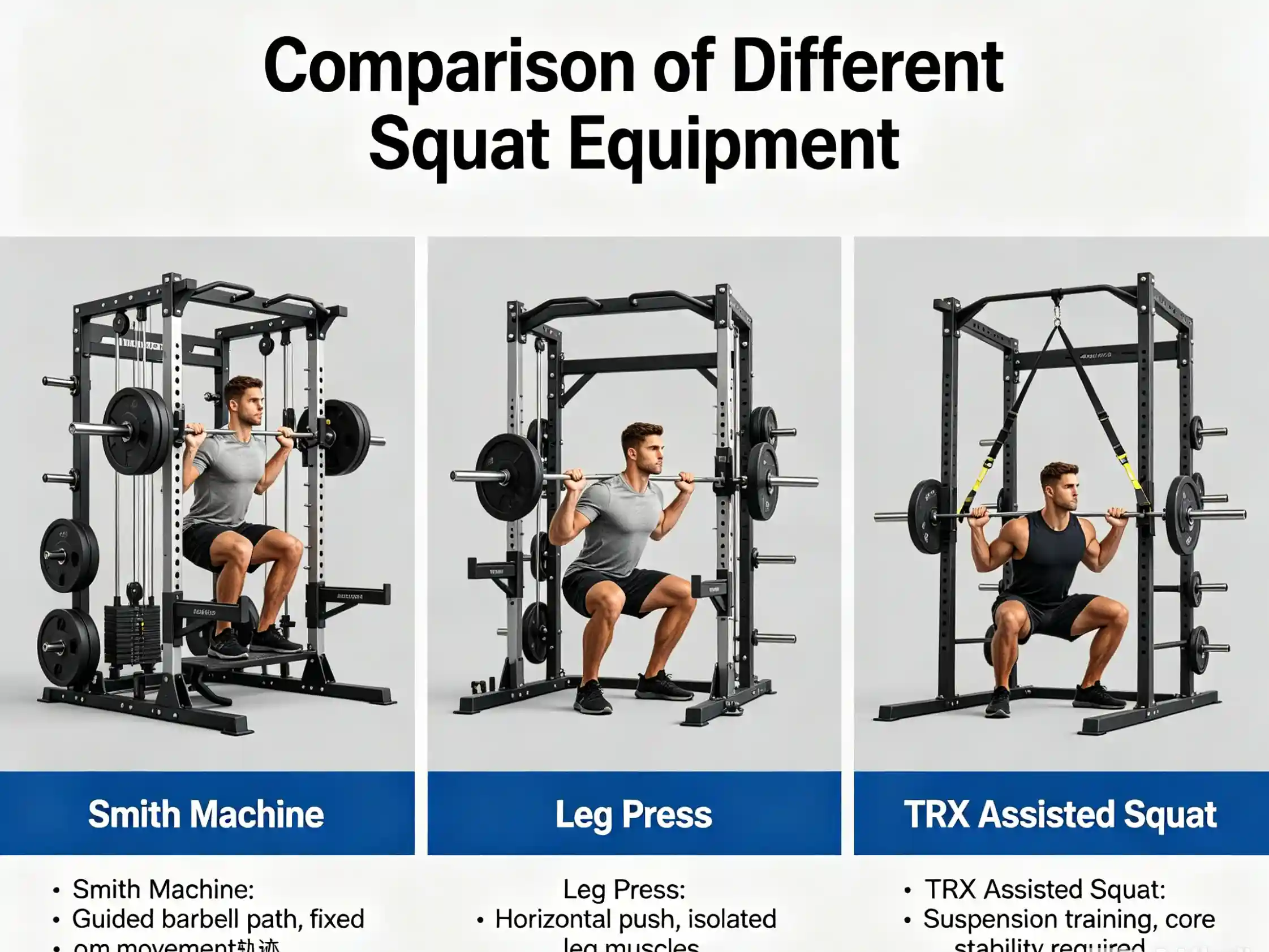 Side by side comparison of Smith machine, leg press, and TRX assisted squat comparison of different squat equipment
