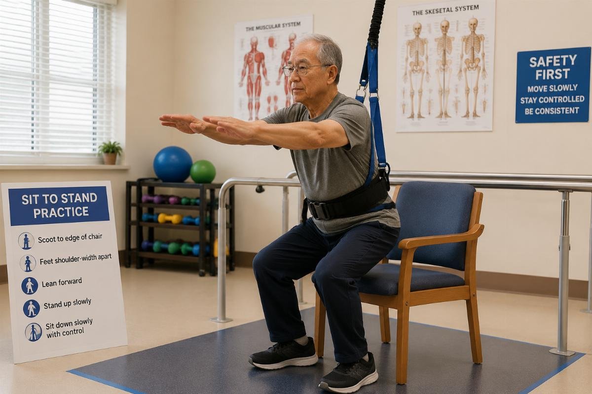 70 year old practicing controlled squat movement with safety equipment senior practicing sit to stand movement