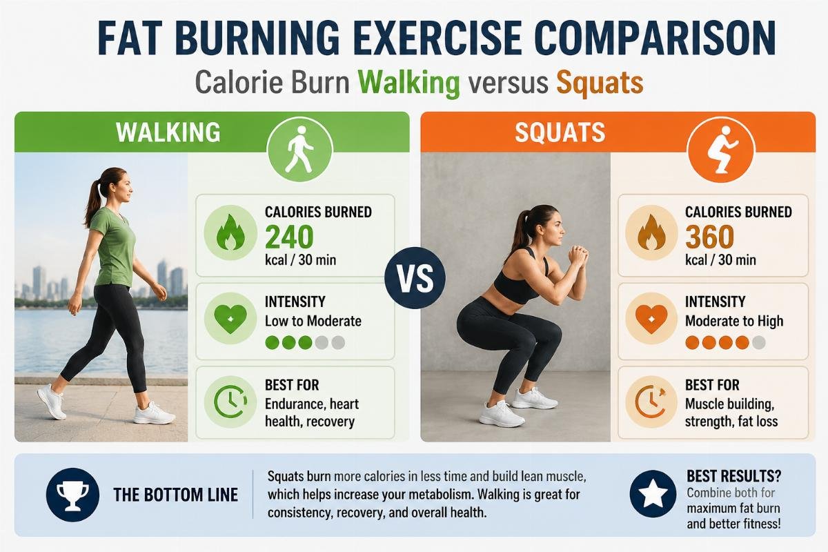 Calorie burn walking versus squats Fat burning exercise comparison