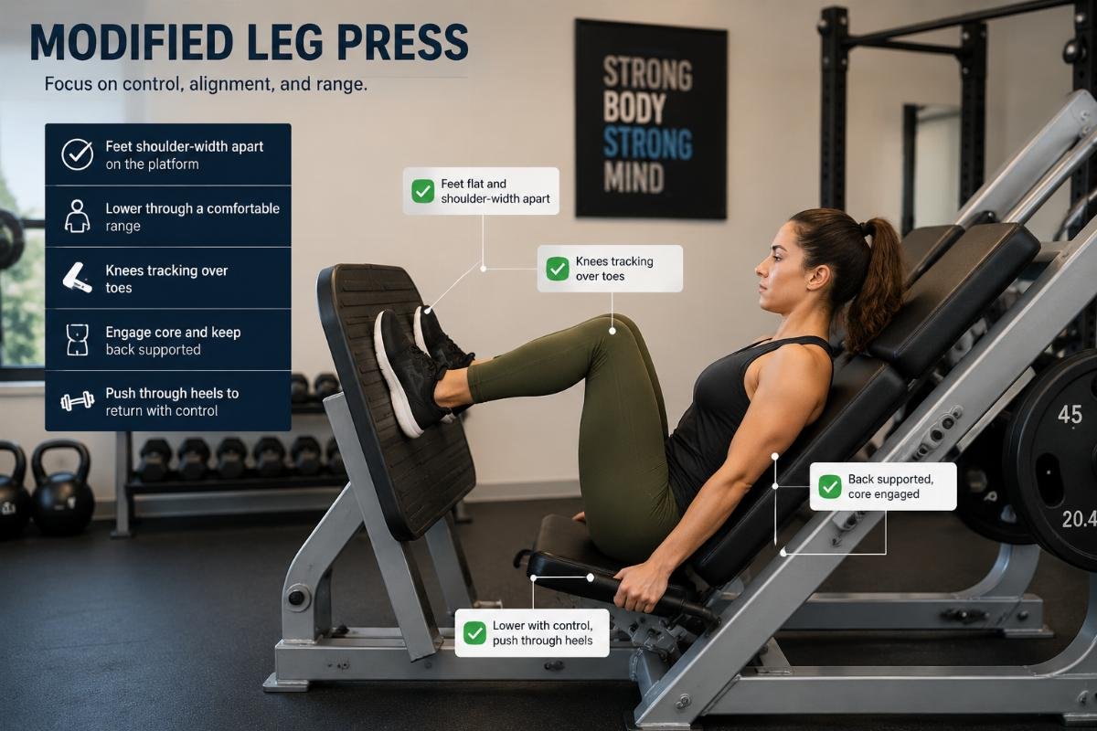 client performing modified leg press with proper form person doing controlled leg exercise