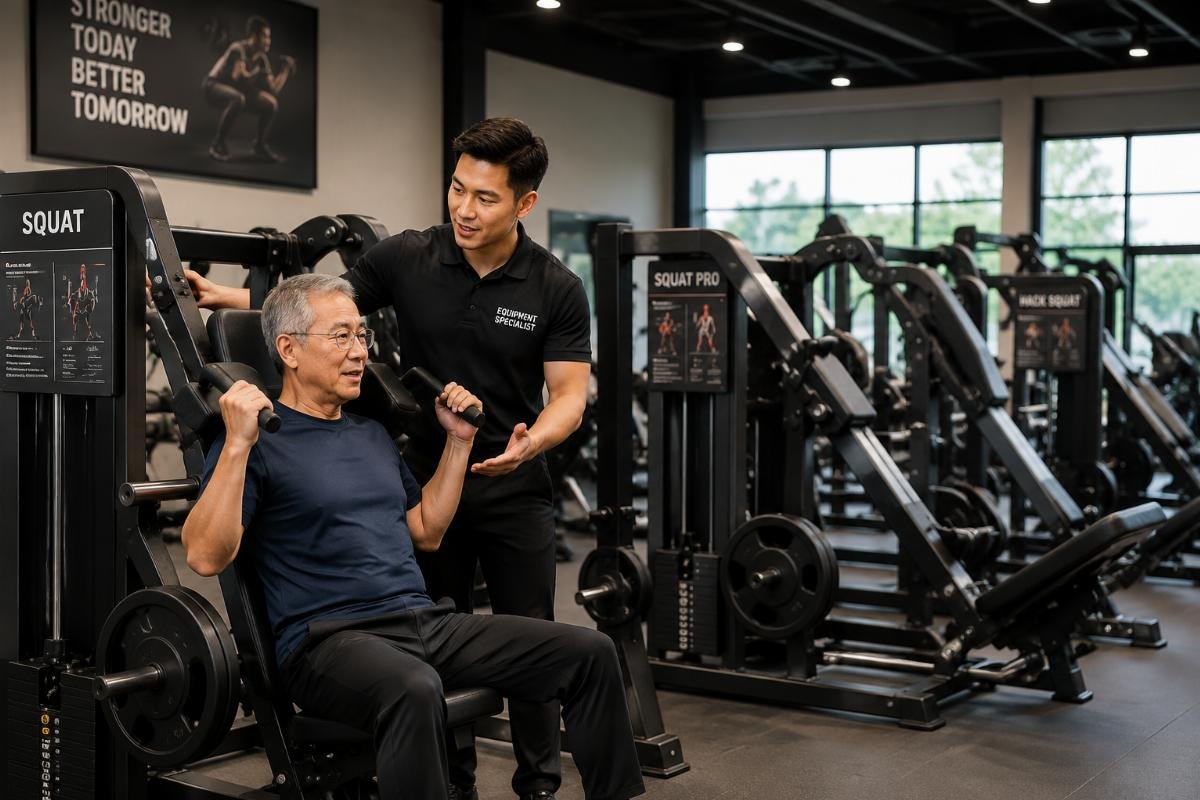 Equipment specialist helping senior test different squat machines senior consulting with equipment specialist