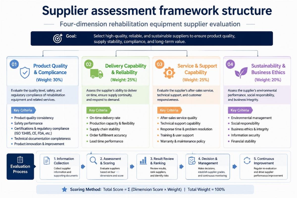 Four-dimension rehabilitation equipment supplier evaluation Supplier assessment framework structure