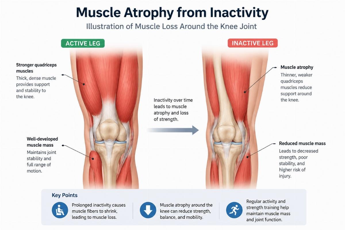 illustration of muscle loss around knee joint muscle atrophy from inactivity