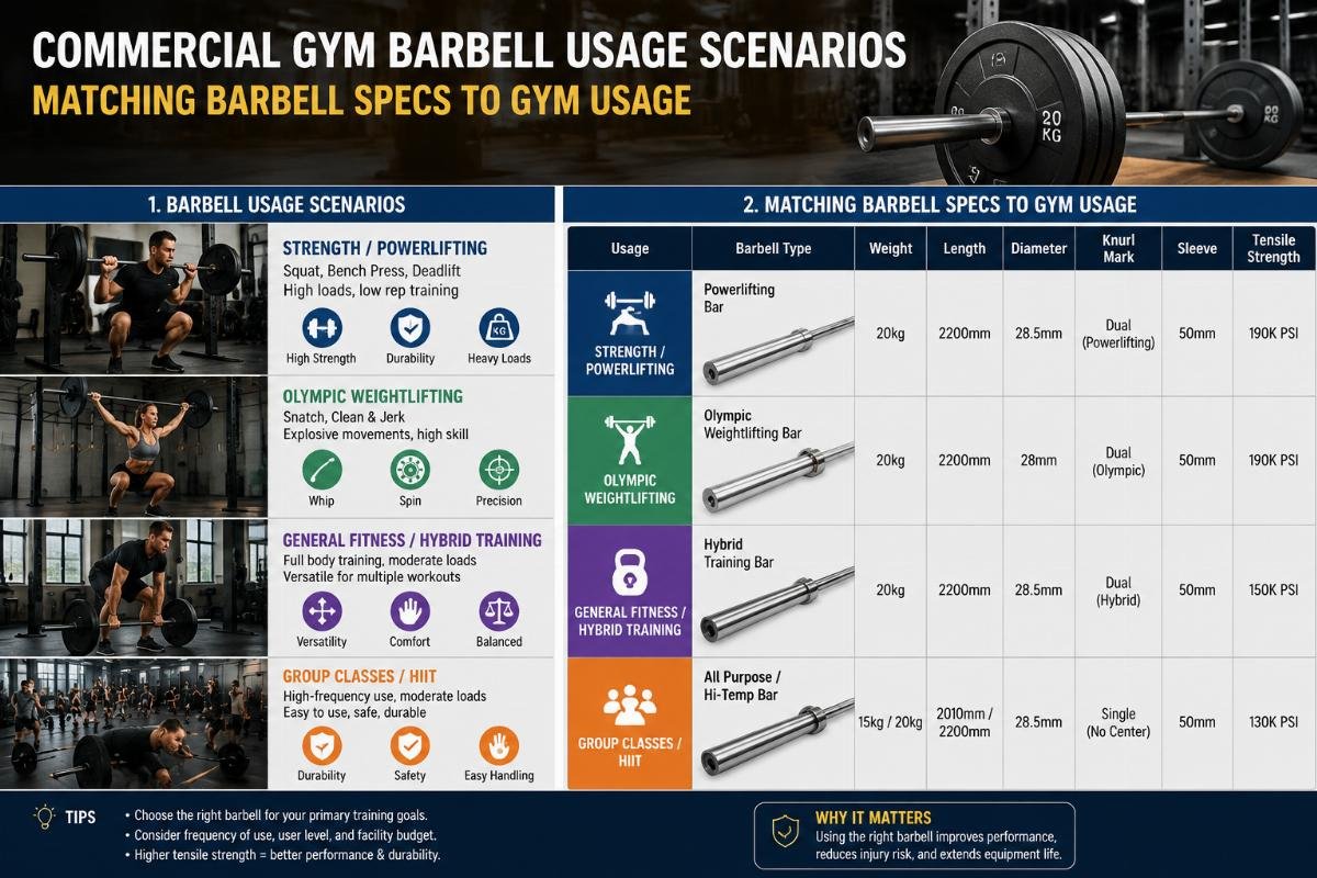 Matching barbell specs to gym usage Commercial gym barbell usage scenarios