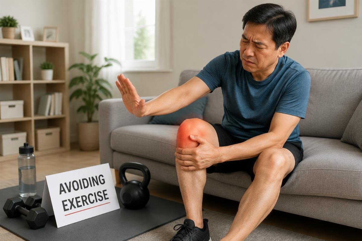 person sitting with knee pain avoiding exercise knee pain avoidance