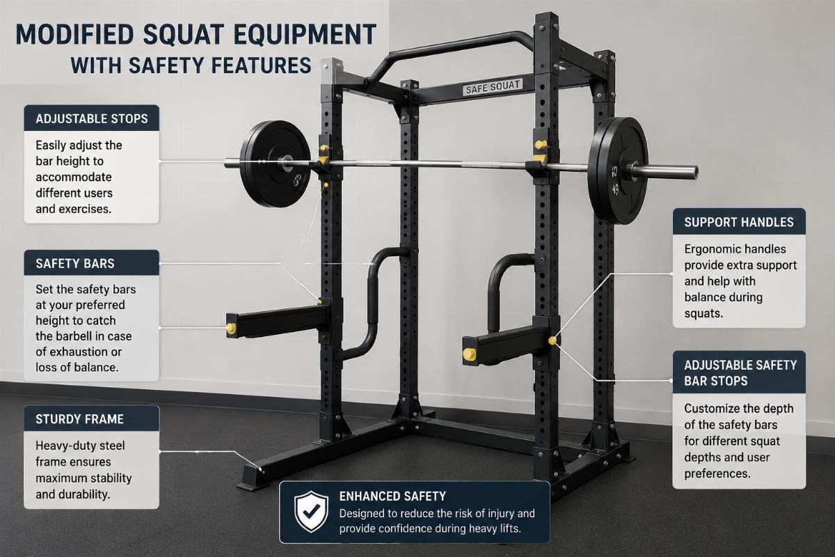 Squat equipment showing safety bars, adjustable stops, and support handles modified squat equipment with safety features