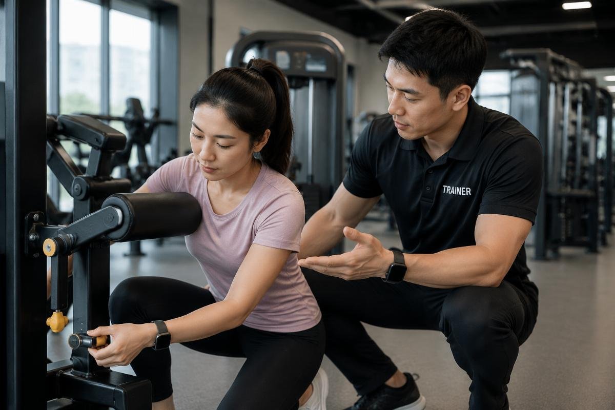 trainer helping client modify exercise setup person adjusting exercise equipment