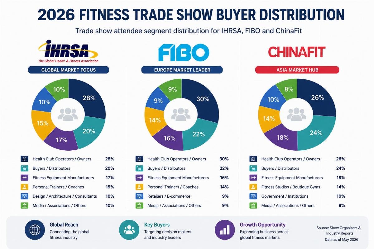2026 fitness trade show buyer distribution Trade show attendee segment distribution infographic for IHRSA, FIBO and ChinaFit