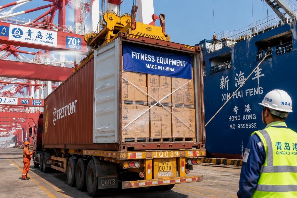 40HQ fitness equipment container loading at Qingdao Port Full 40HQ container of fitness equipment being loaded onto a vessel at Qingdao Port