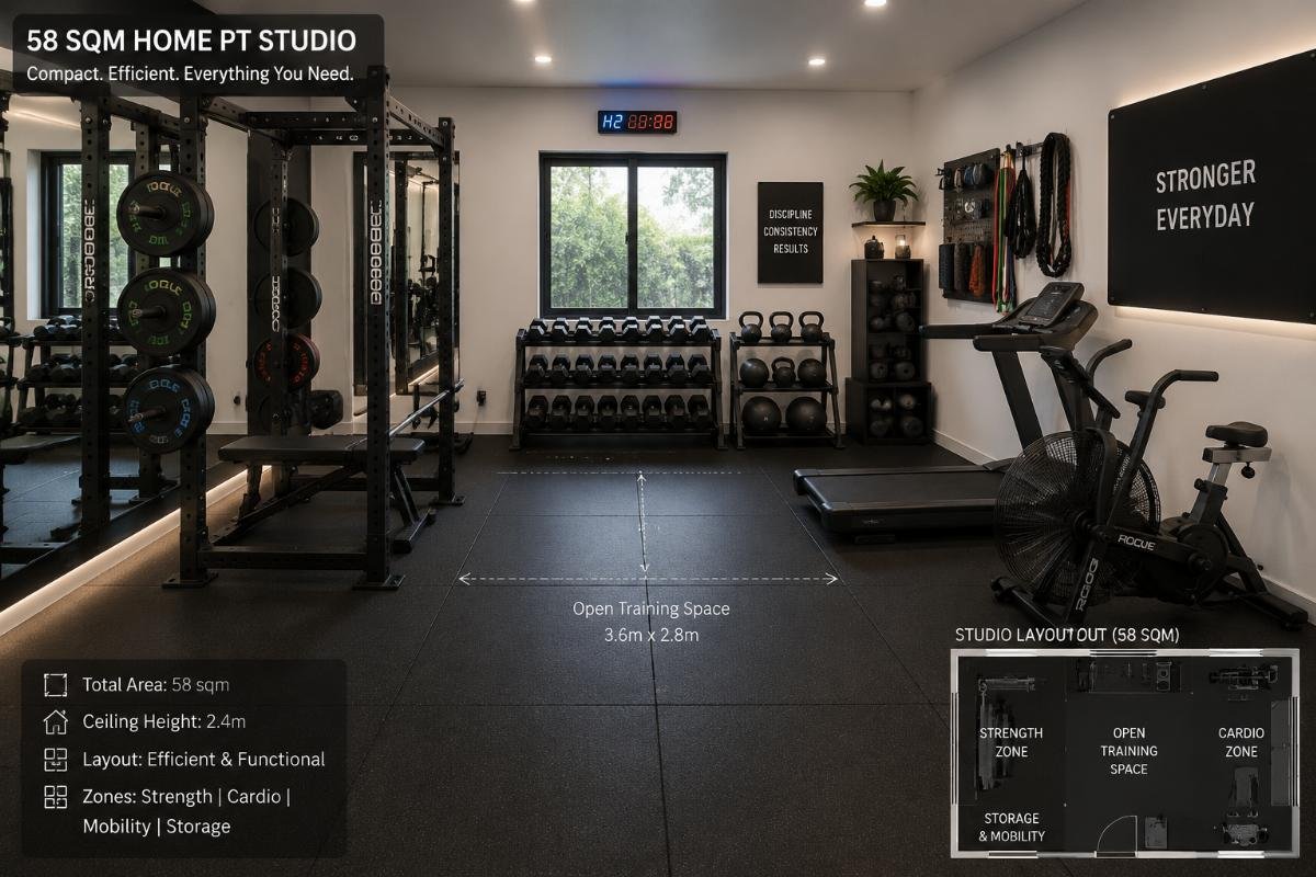 58 sqm home PT studio compact equipment setup A 58 sqm home PT studio with compact cardio and free weight racks with no wasted space