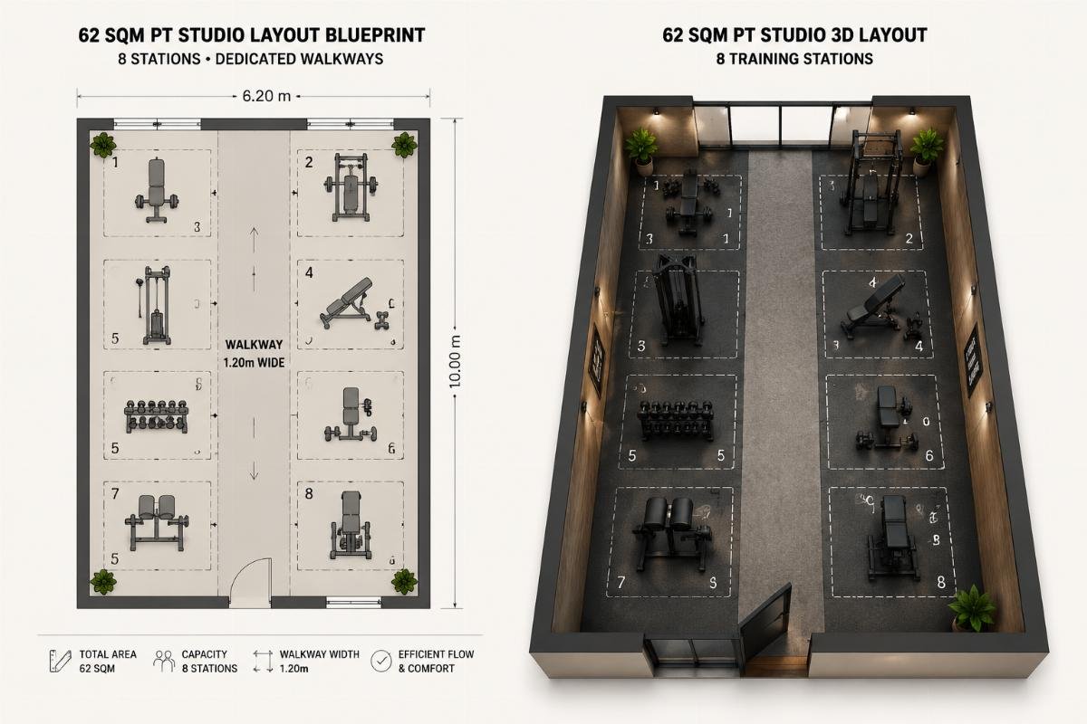 62 sqm PT studio 3D layout with 8 training stations A 62 sqm PT studio layout blueprint showing 8 evenly spaced stations and dedicated walkways