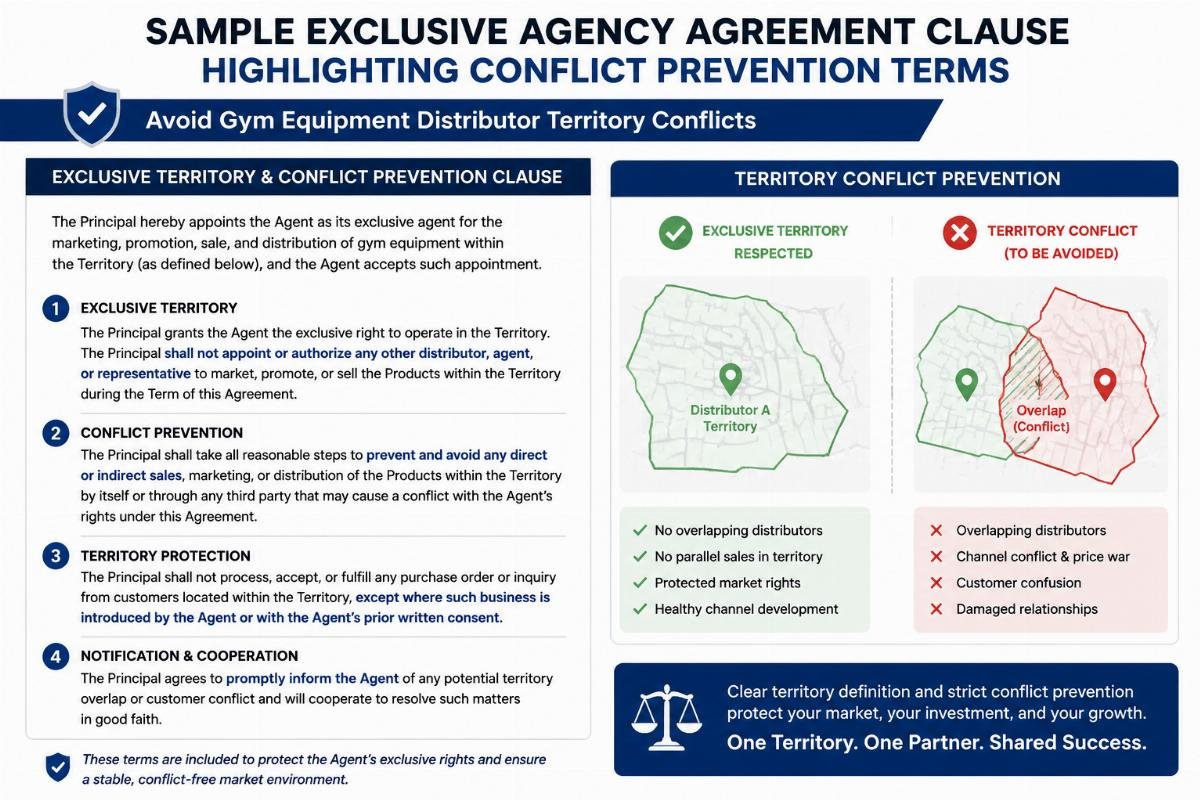 Avoid gym equipment distributor territory conflicts Sample exclusive agency agreement clause highlighting conflict prevention terms