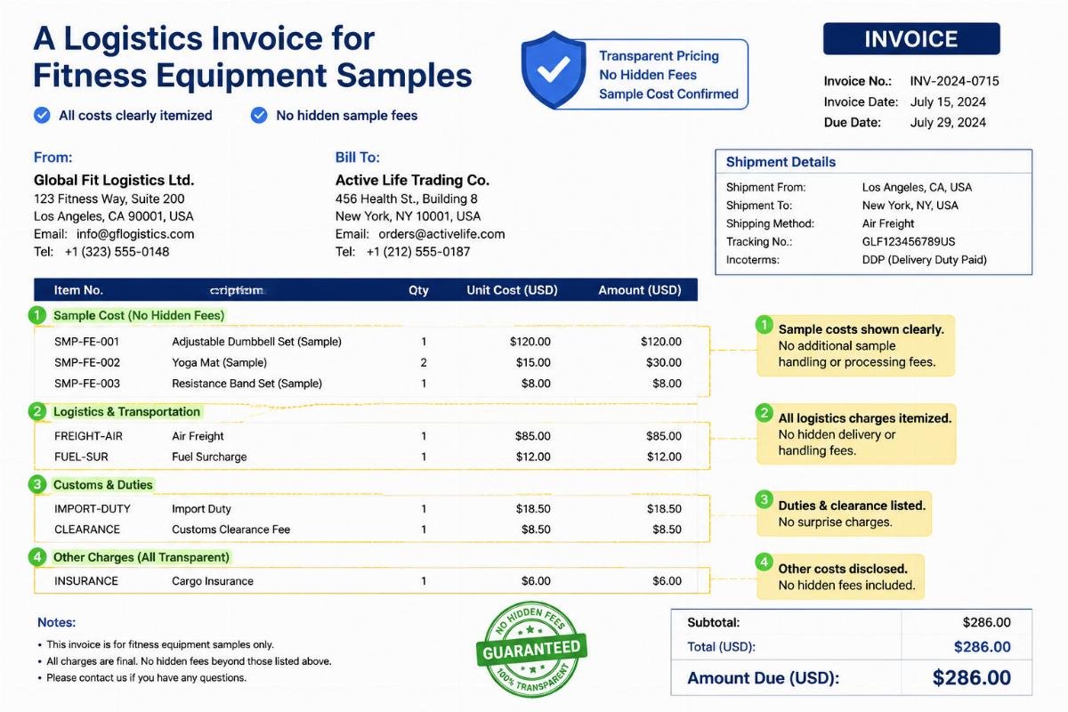 avoid hidden sample fees A logistics invoice for fitness equipment samples with key cost lines highlighted