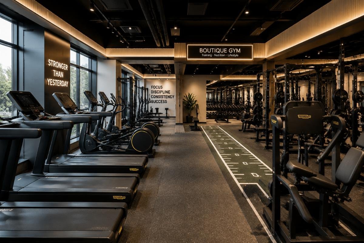Boutique gym equipped with imported fitness equipment from China Boutique gym interior with full set of imported commercial fitness equipment