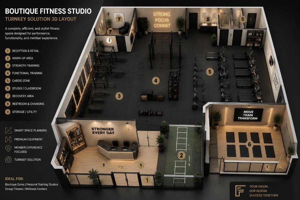 Boutique gym turnkey solution 3D layout A 3D layout rendering of a small boutique fitness studio with custom equipment placement