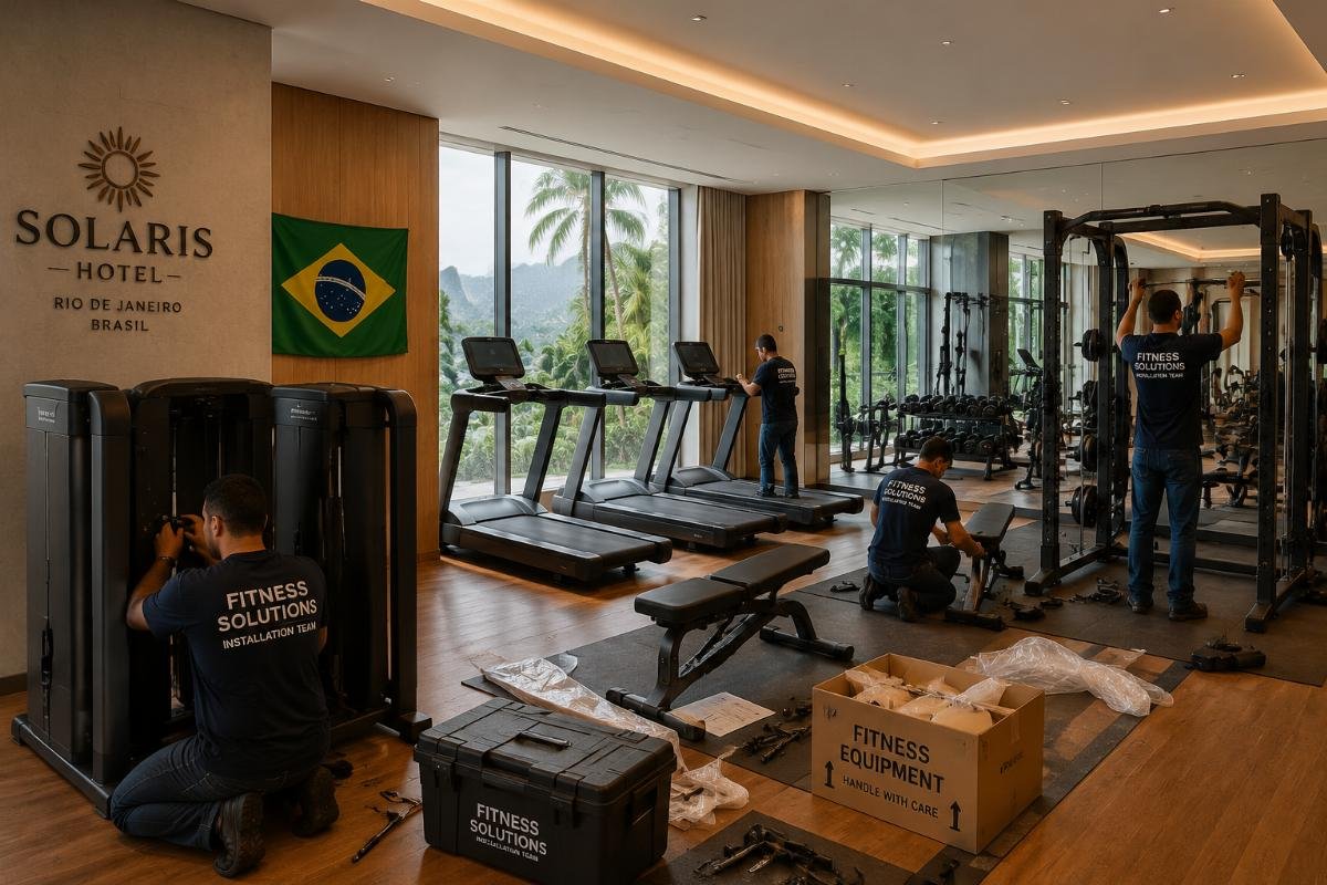 Brazil hotel fitness facility equipment setup Gym equipment installation in a Brazilian hotel fitness area