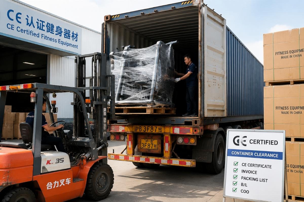 CE certified fitness equipment container clearance Fitness equipment being unloaded from a shipping container at a warehouse