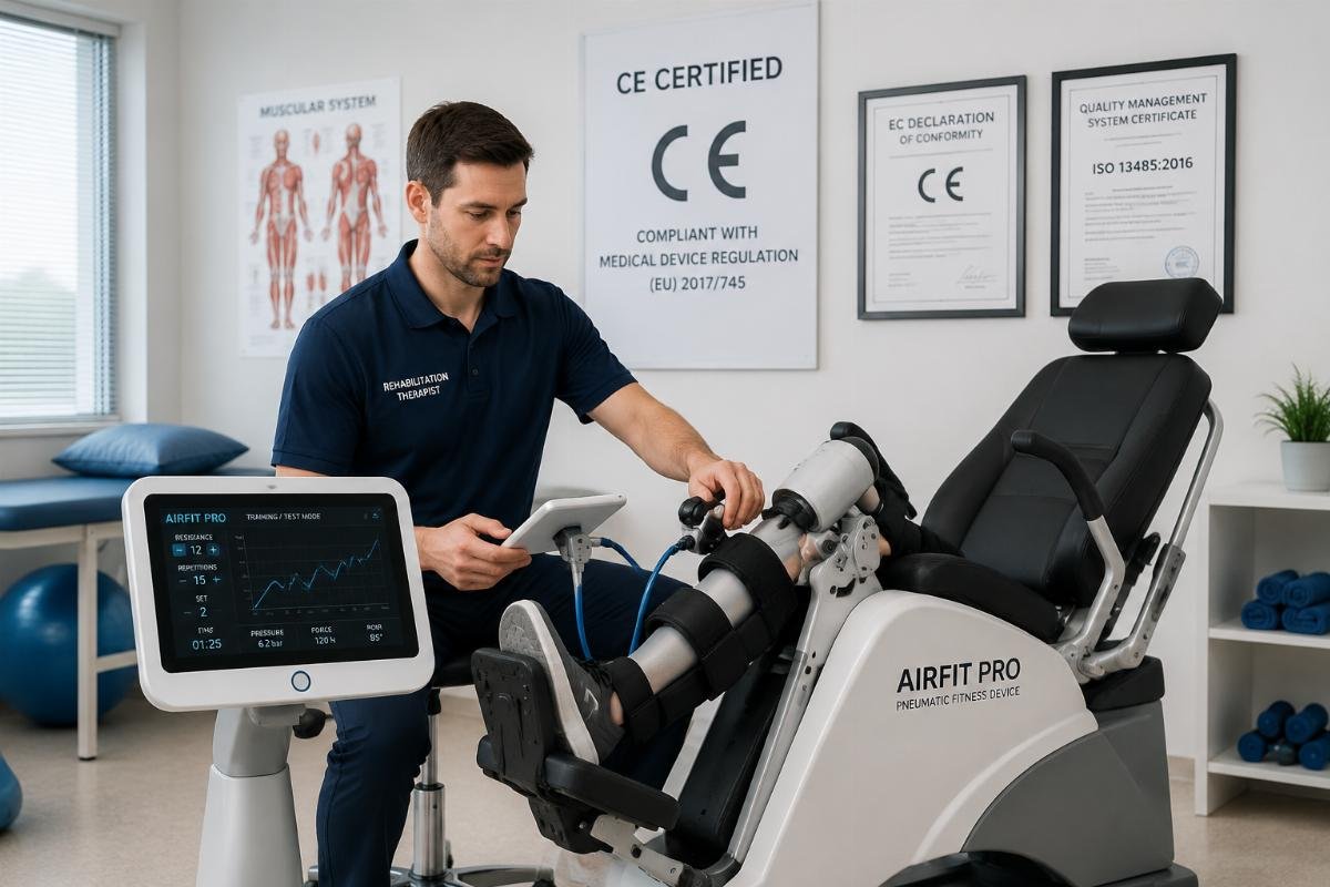 CE certified rehabilitation fitness equipment compliance A rehabilitation therapist testing a pneumatic fitness device in a clinic
