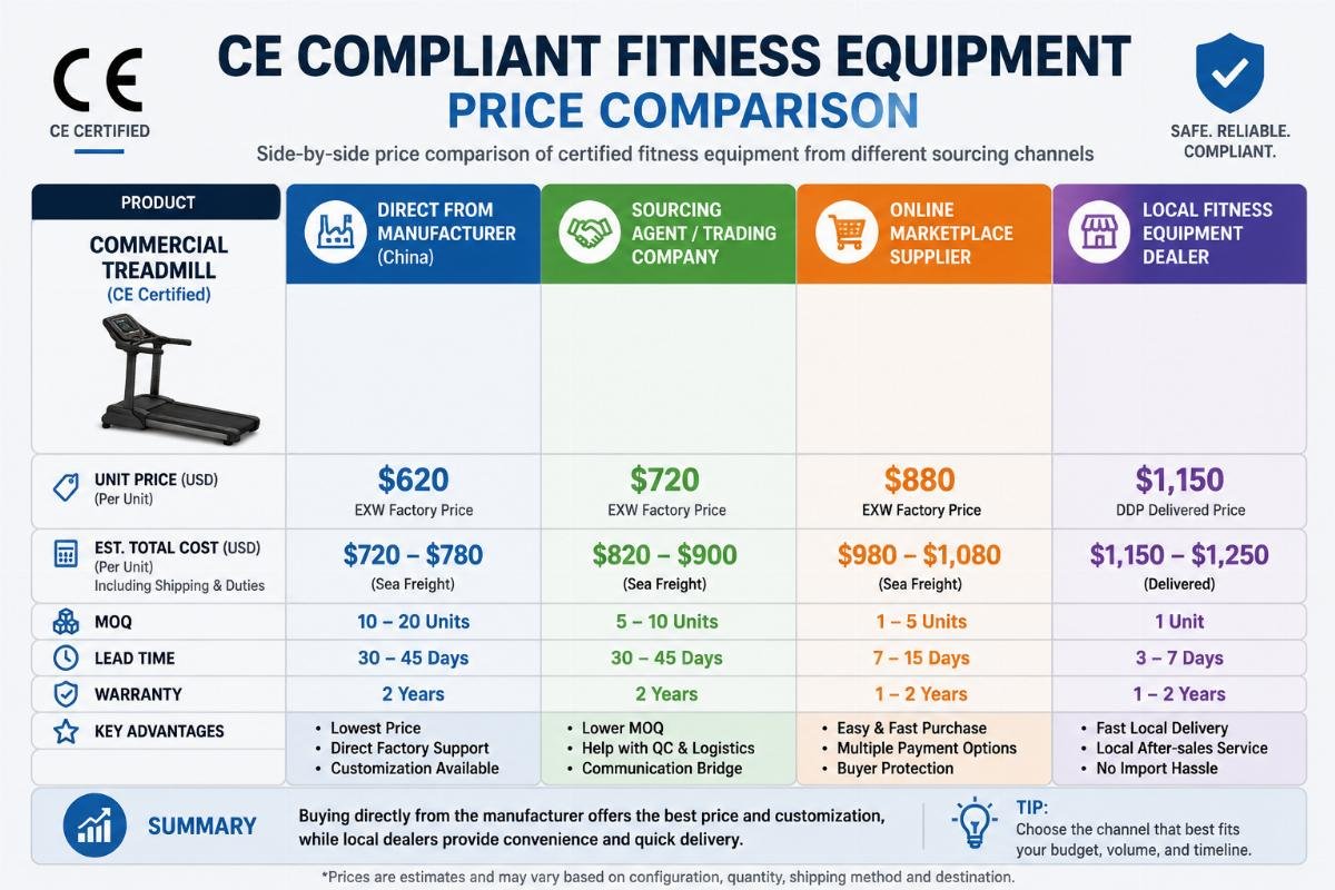 CE compliant fitness equipment pricing comparison A side-by-side price comparison chart showing certified fitness equipment from different sourcing channels