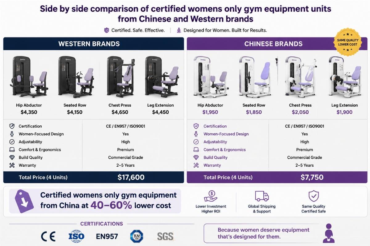 Certified womens only gym equipment from China at 40-60% lower cost Side by side comparison of certified womens only gym equipment units from Chinese and Western brands