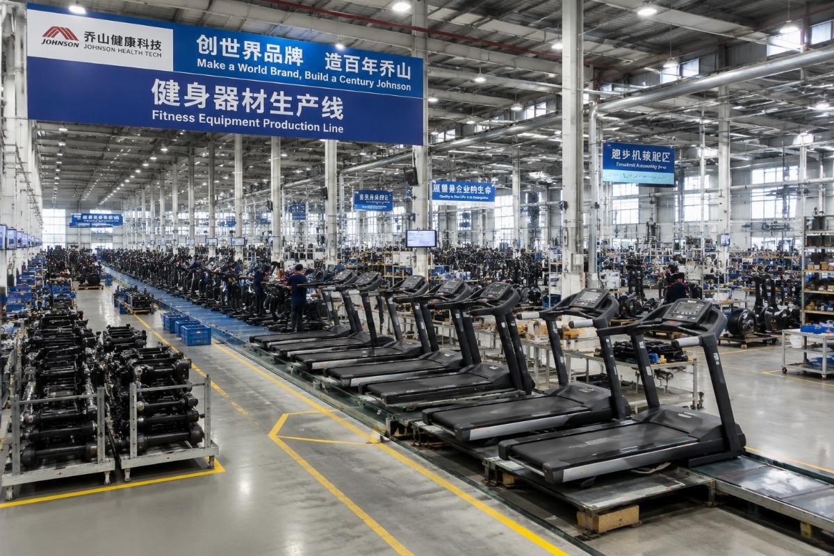 check fitness equipment manufacturer production capacity A wide shot of a dedicated fitness equipment production line on a factory floor