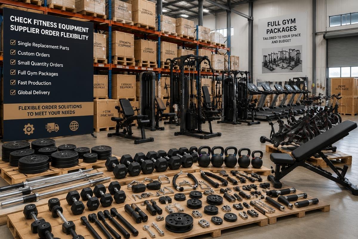 check fitness equipment supplier order flexibility A range of fitness equipment from single replacement parts to full gym packages arranged in a warehouse