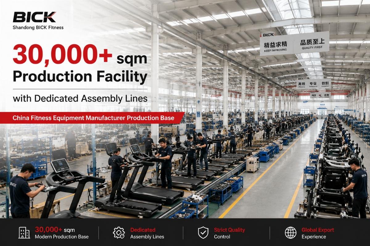 China fitness equipment manufacturer production base Shandong BICK Fitness 30,000+ sqm production facility with dedicated assembly lines