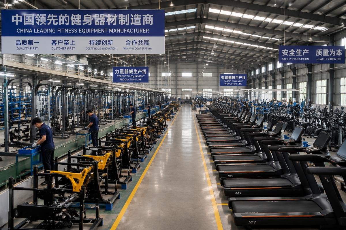 china fitness equipment manufacturer production facility A supplier factory floor showing production lines for strength and cardio fitness equipment