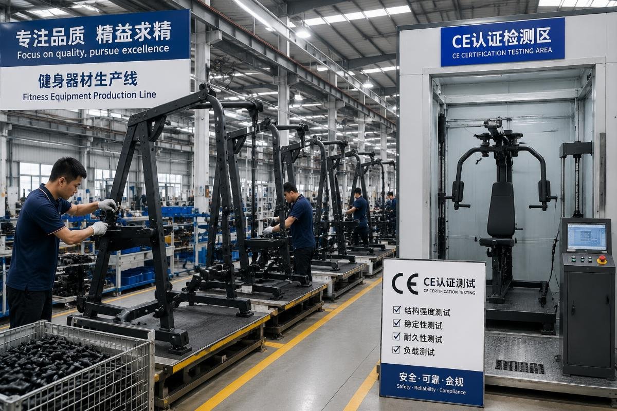 Chinese fitness equipment factory CE certification testing A factory production line assembling strength training fitness equipment frames