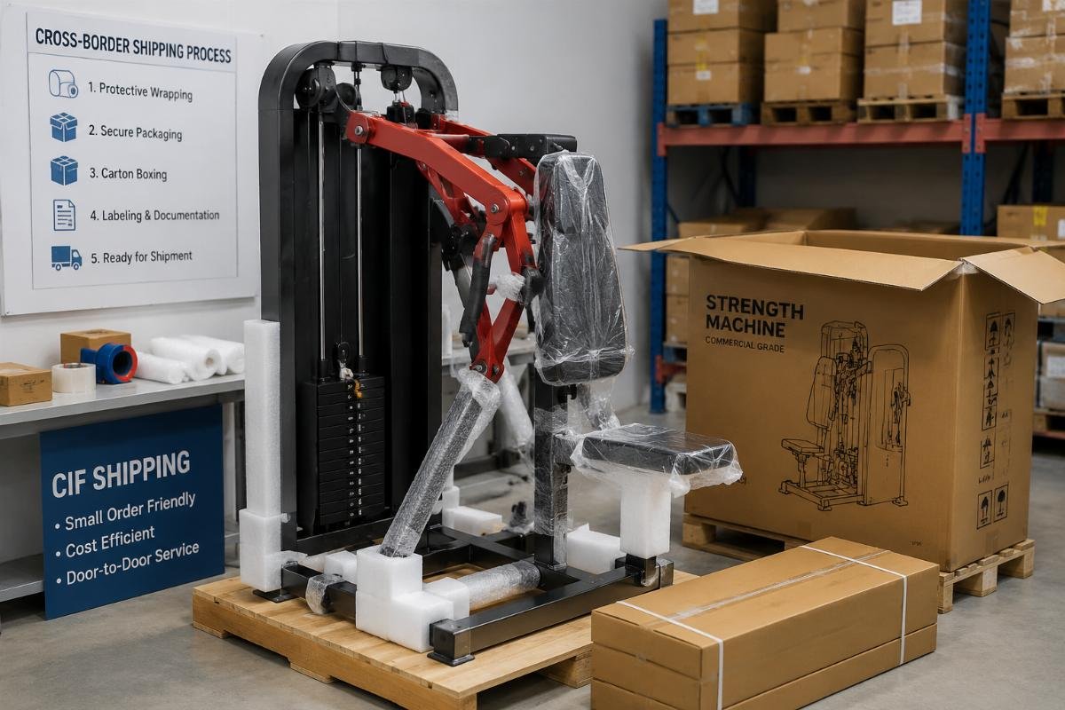 CIF fitness equipment small order fulfillment Single commercial strength fitness equipment unit being prepared for small parcel cross-border shipping