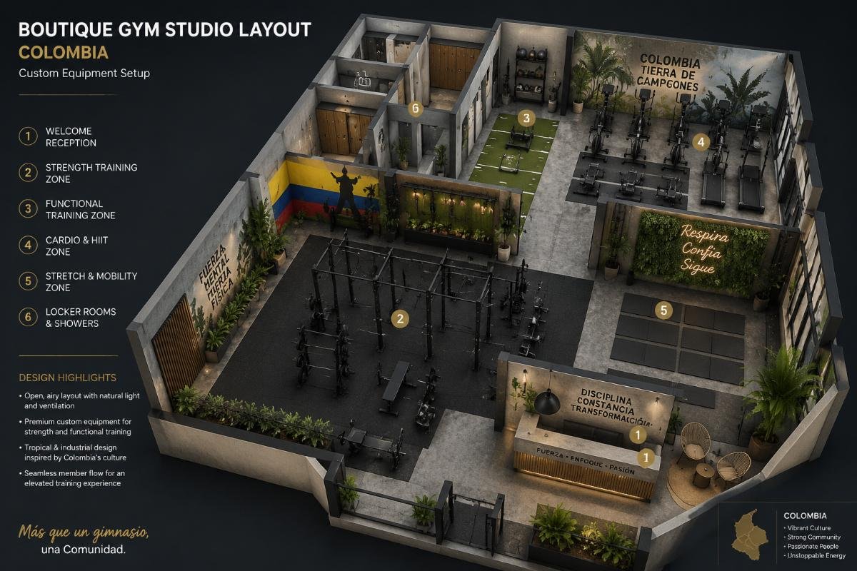 Colombia boutique gym studio 3D layout result Boutique gym studio layout in Colombia with custom equipment setup