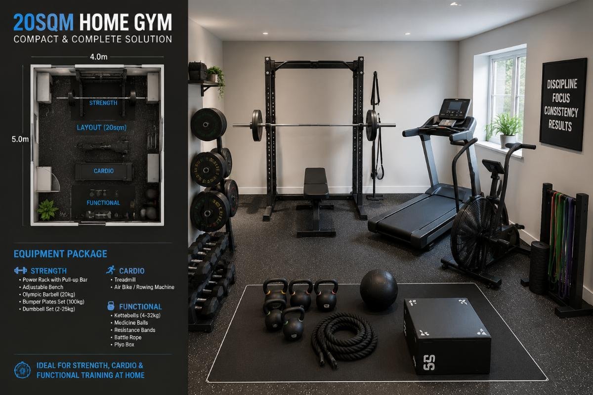 compact home gym equipment package for residential spaces Compact 20sqm home gym layout with strength, cardio and functional training equipment