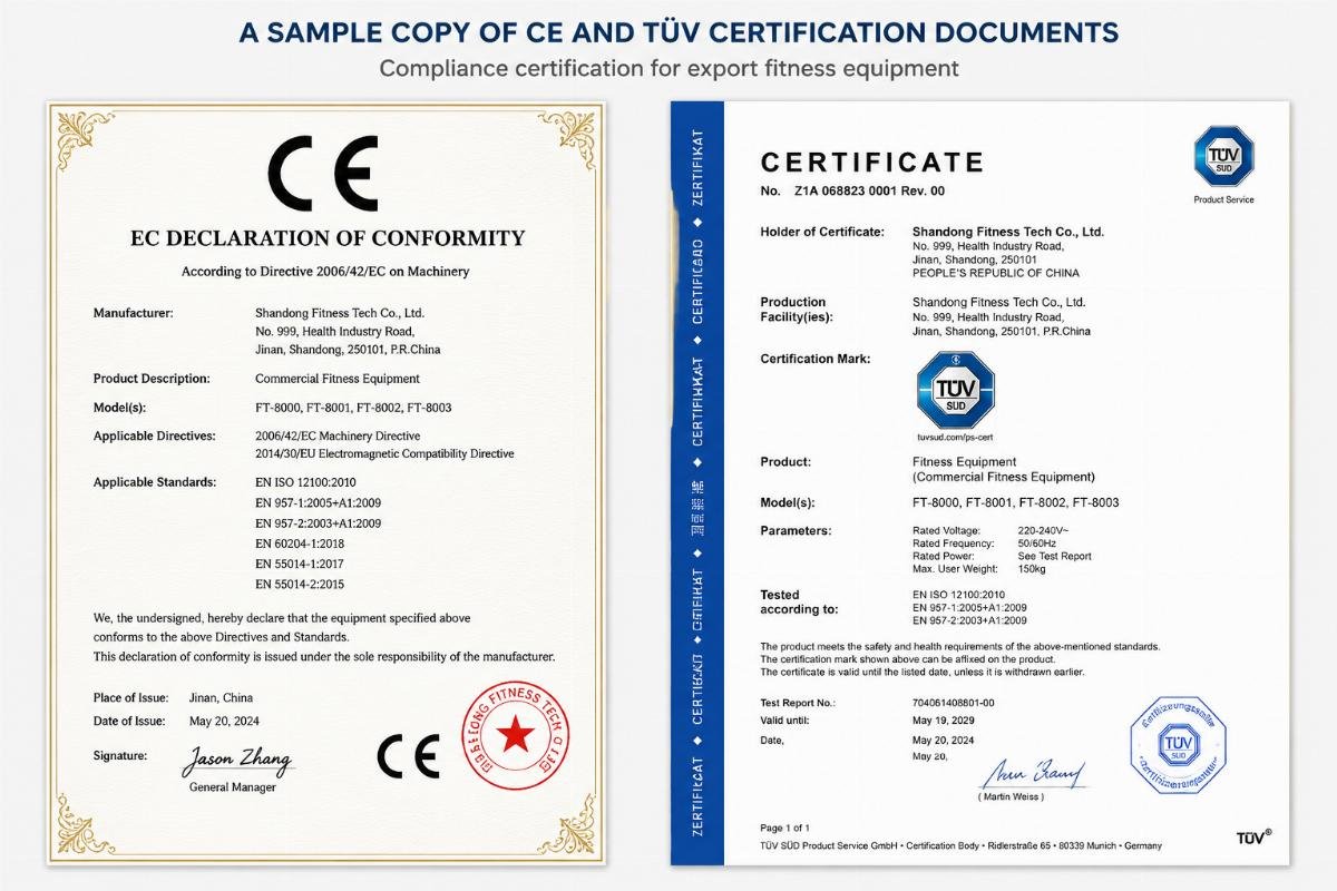 Compliance certification for export fitness equipment A sample copy of CE and TüV certification documents for commercial fitness equipment