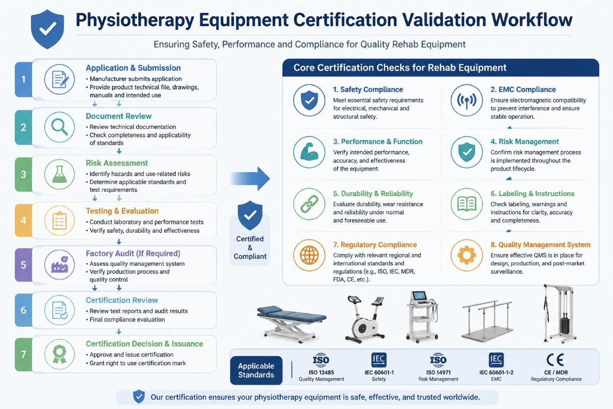 Core certification checks for rehab equipment Physiotherapy equipment certification validation workflow