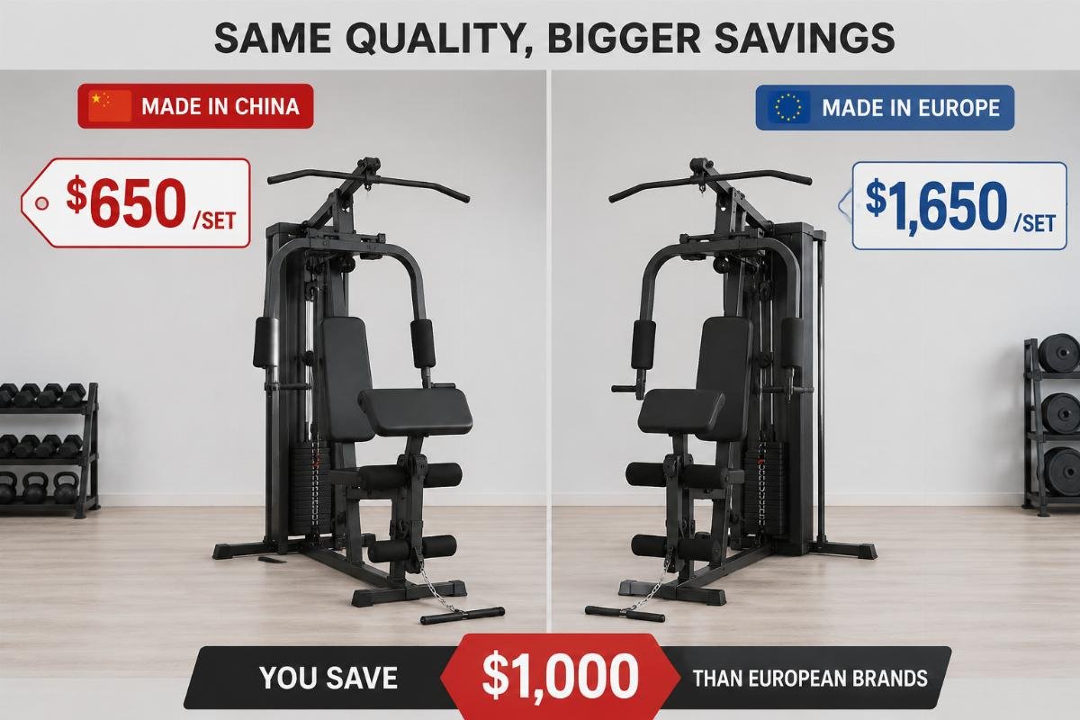 Cost comparison of gym equipment from different manufacturing regions Side by side comparison of two identical pieces of gym equipment with price tags showing the cost gap between Chinese and European brands