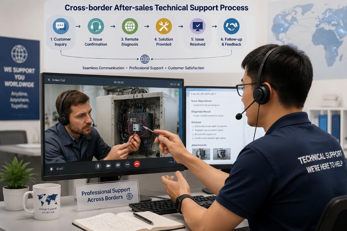 Cross-border after-sales technical support process A technical support team member guiding an overseas customer through equipment troubleshooting via video call