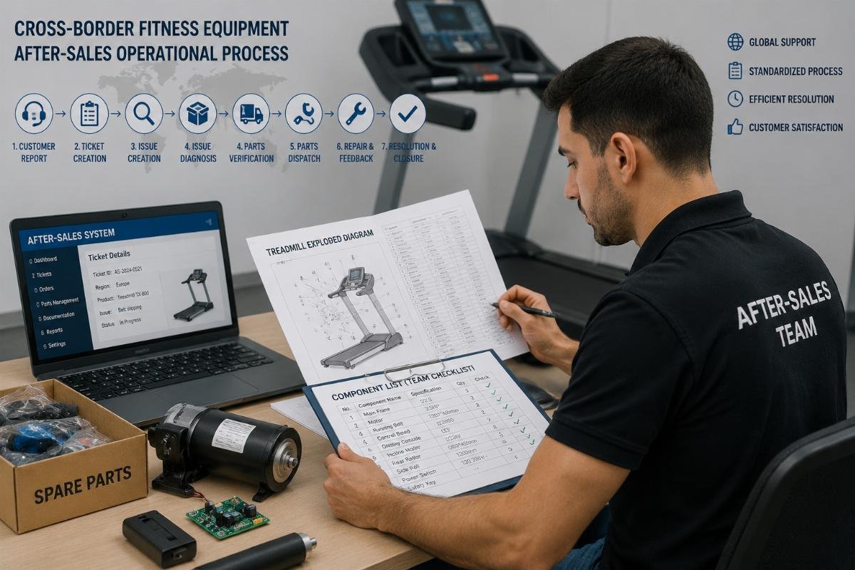 Cross-border fitness equipment after-sales operational process A regional after-sales team member checking a treadmill component list against a supplier-provided manual