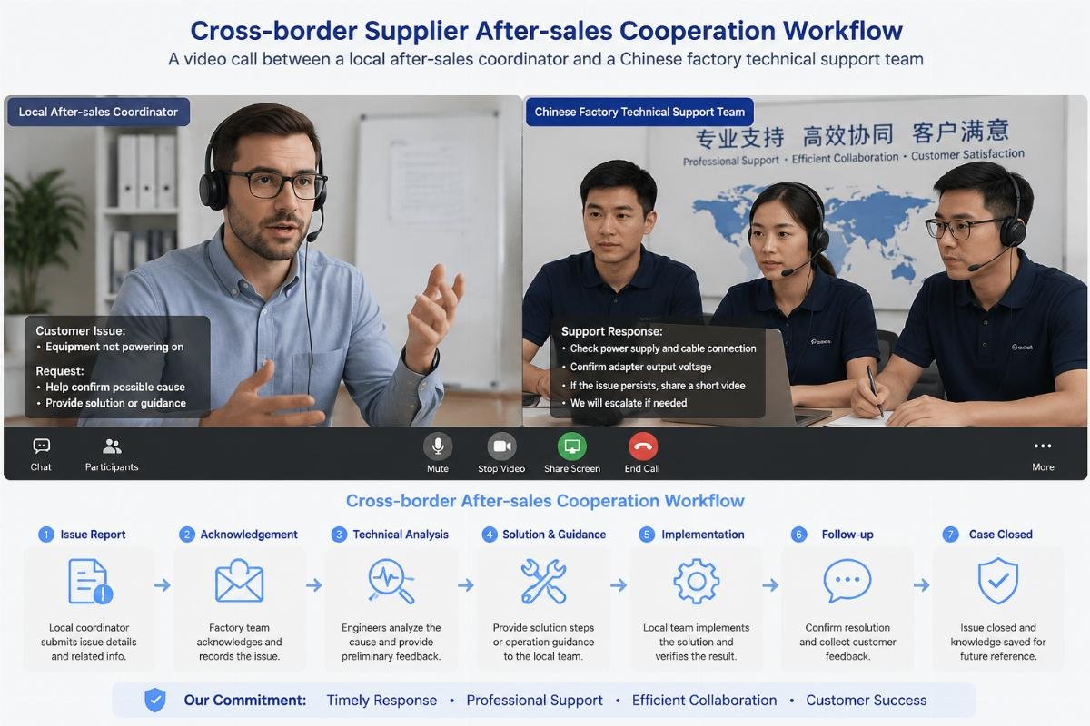 Cross-border supplier after-sales cooperation workflow A video call between a local after-sales coordinator and a Chinese factory technical support team