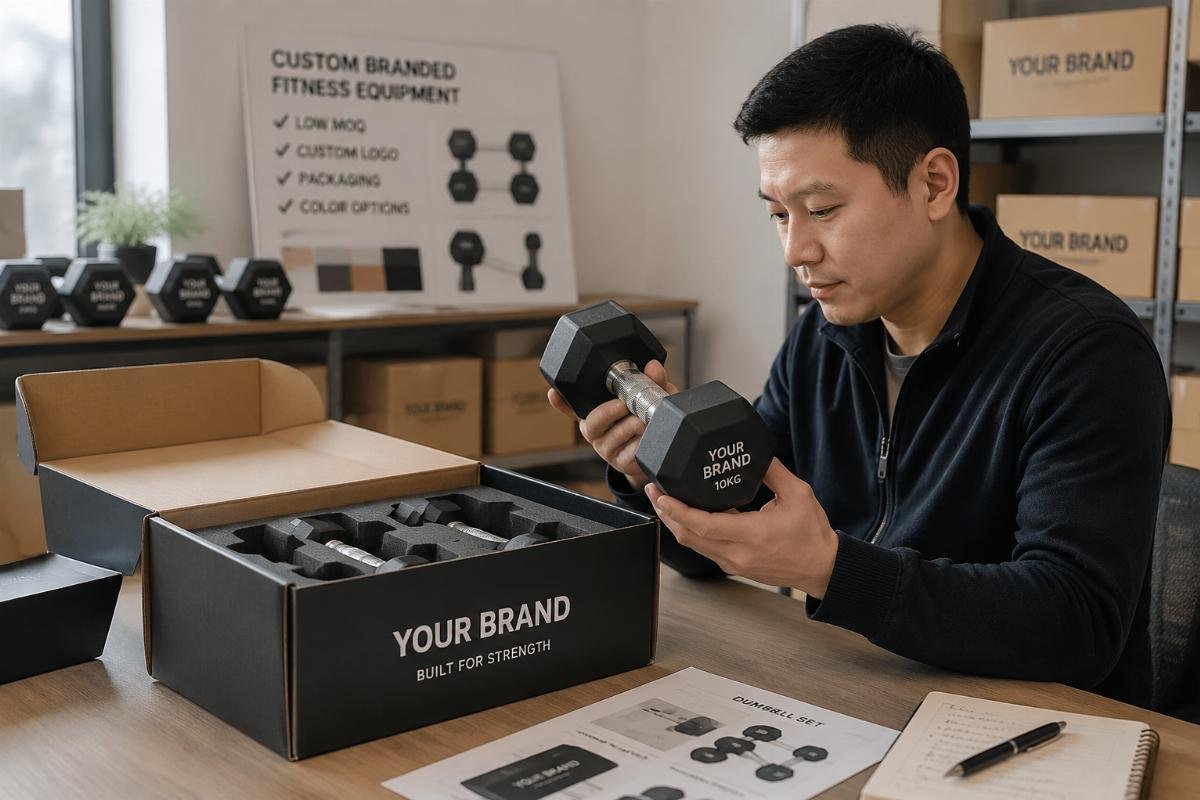 custom branded white label dumbbell sample E-commerce seller checking sample of custom branded dumbbell set