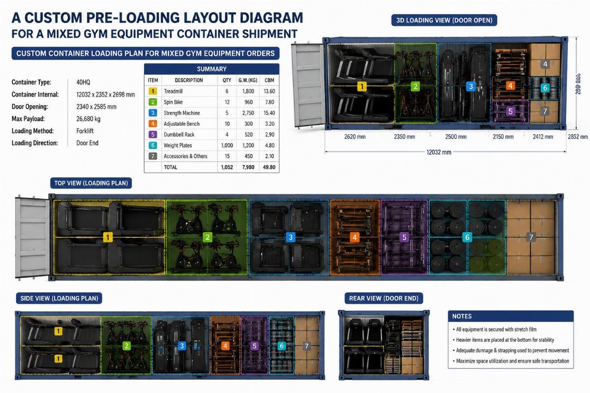 Custom container loading plan for mixed gym equipment orders A custom pre-loading layout diagram for a mixed gym equipment container shipment