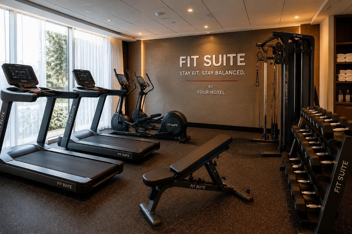 Custom fitness equipment for franchise hotel locations A custom branded fitness suite installed in a hotel franchise location