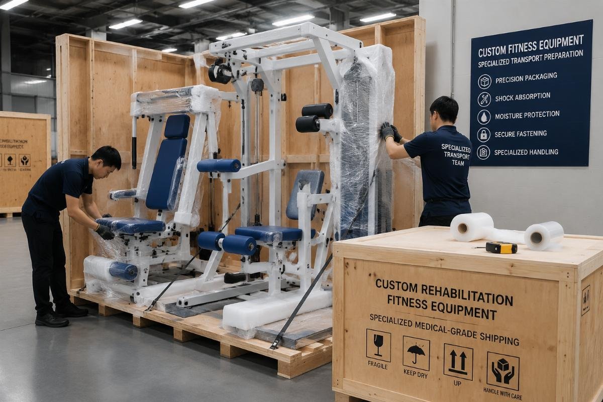 Custom fitness equipment specialized transport preparation Custom rehabilitation fitness equipment being prepared for specialized medical-grade shipping