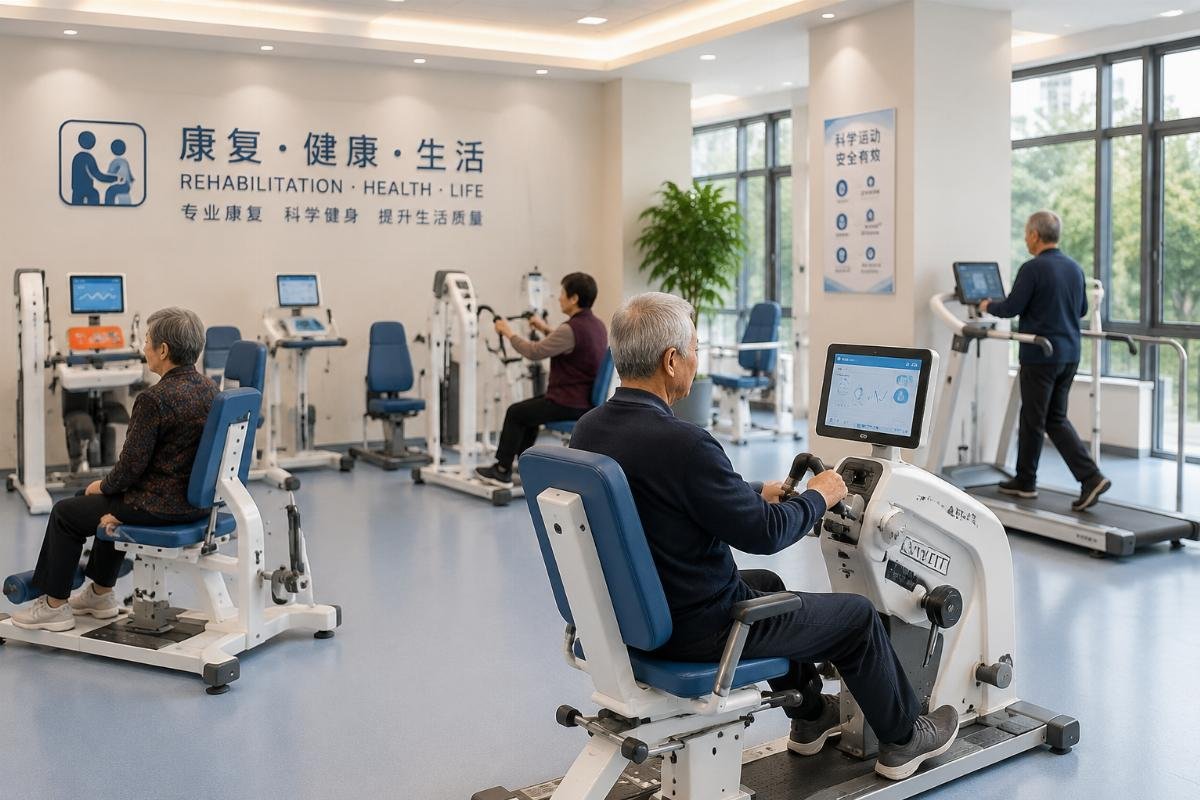 Custom rehabilitation fitness equipment for clinical use A clinical rehabilitation facility with installed custom fitness equipment for elderly users