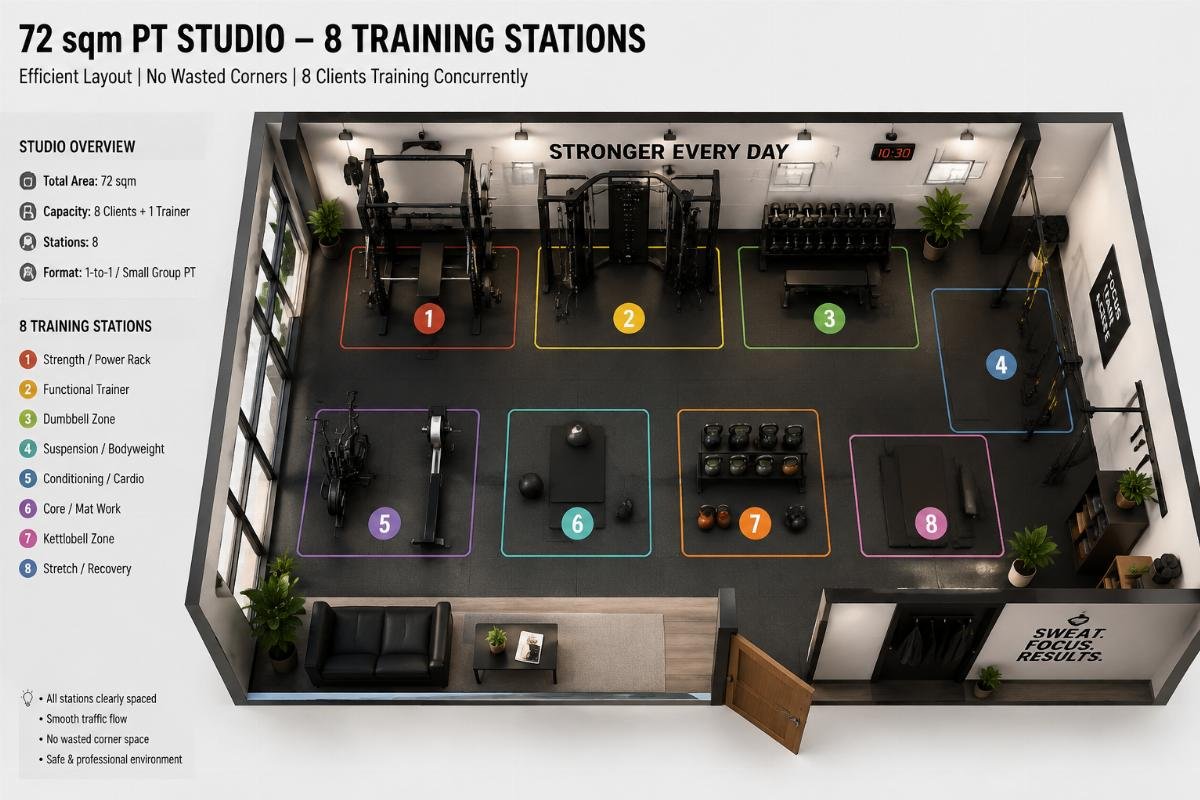 Efficient 50-80 sqm PT studio layout with 8 concurrent training stations A neatly organized 72 sqm PT studio with 8 clearly spaced training stations and no wasted corner space