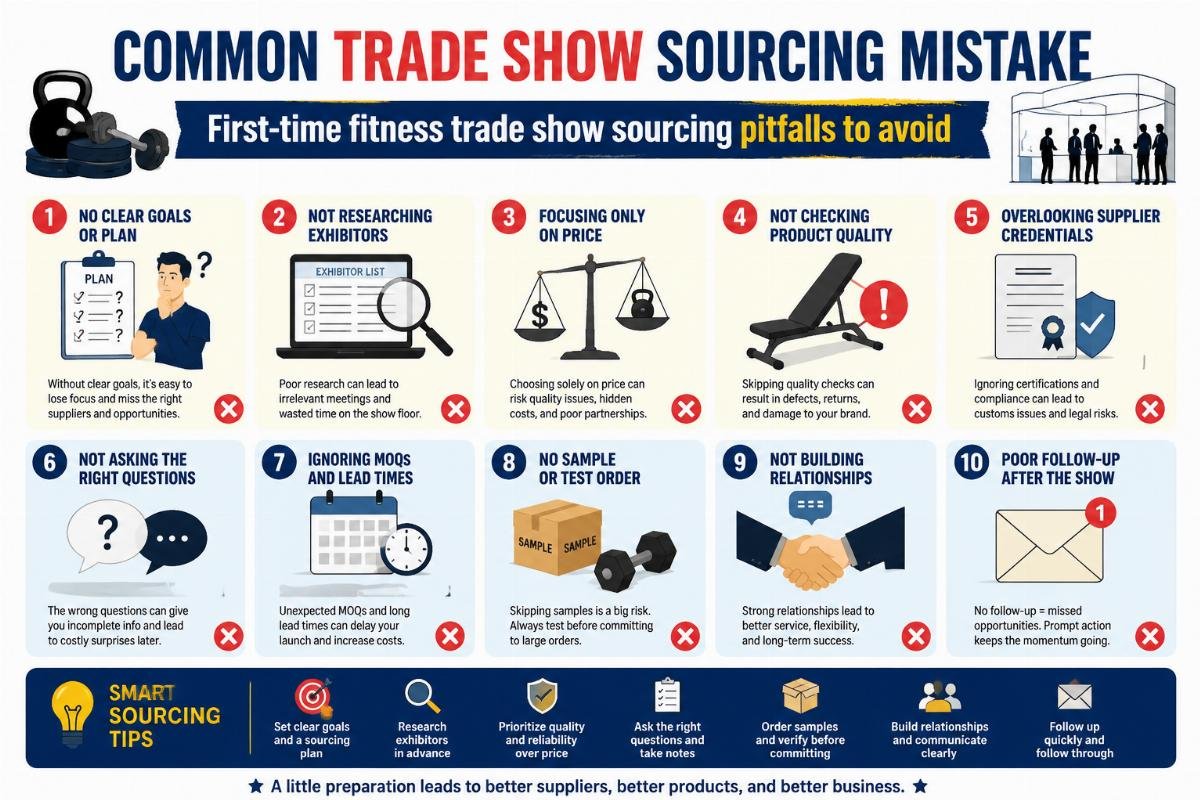 First-time fitness trade show sourcing pitfalls to avoid Common trade show sourcing mistake infographic
