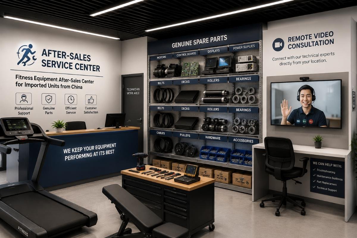 A streamlined after-sales service center with labeled spare parts shelves and a remote video consultation station