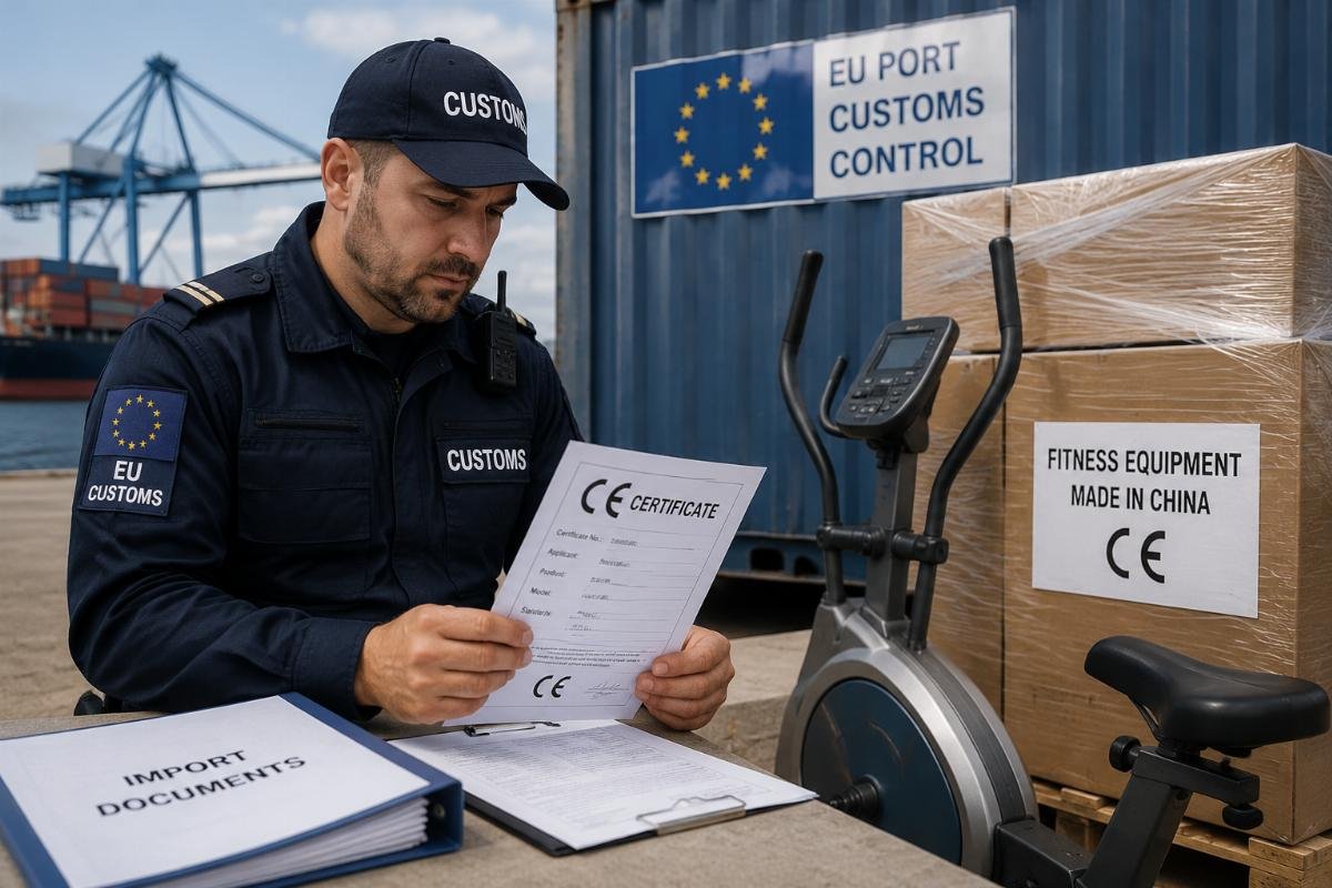 A customs officer reviewing fitness equipment documentation at an EU port