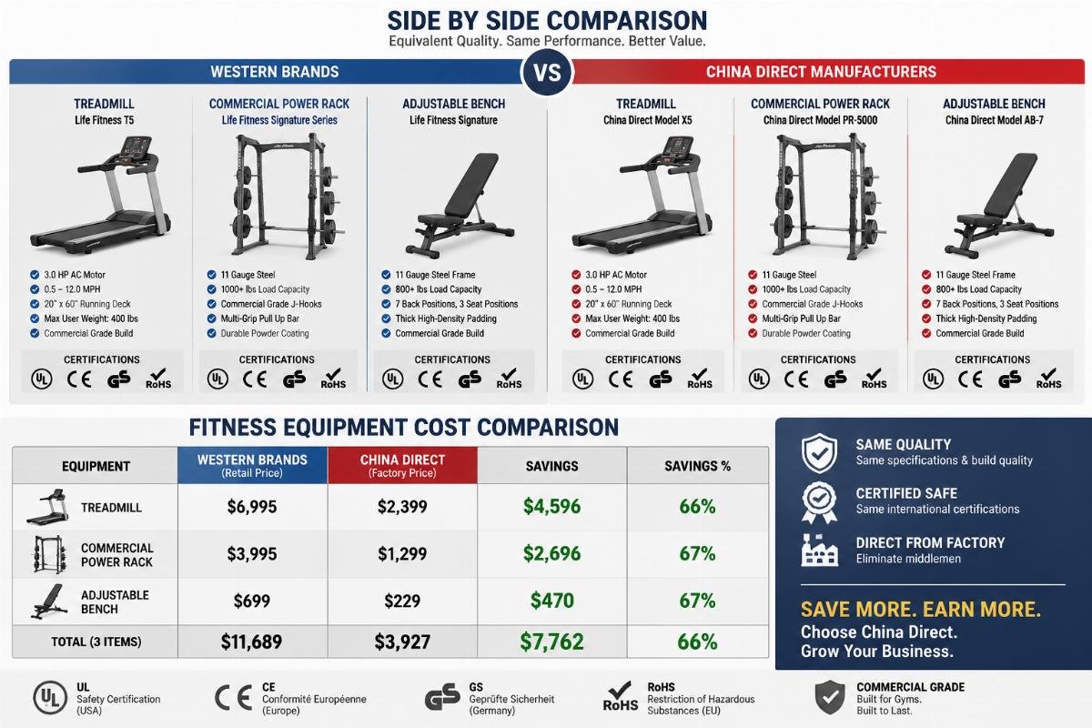 Fitness equipment cost comparison Side by side comparison of equivalent fitness equipment from Western brands and China direct manufacturers showing matching build quality and certification labels