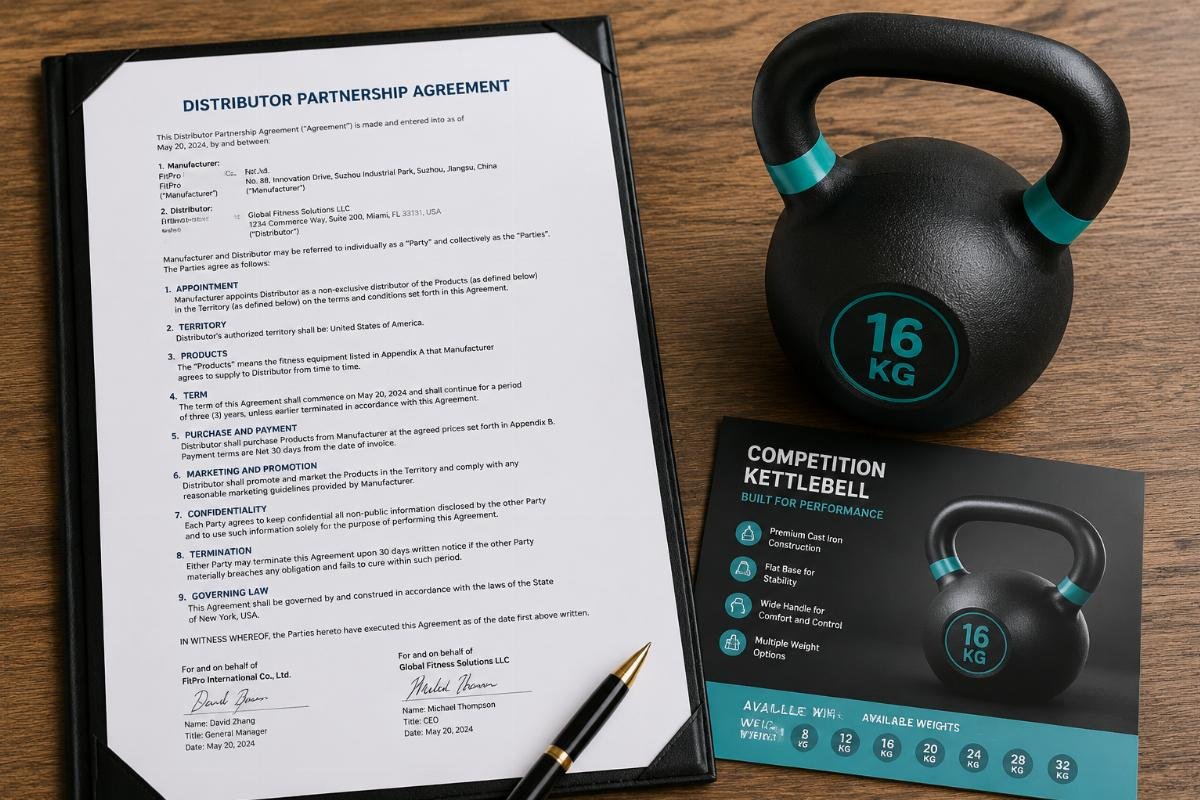 fitness equipment distributor agreement terms A signed distributor partnership document laid out next to a sample fitness equipment product